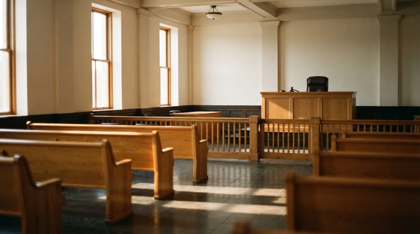 An empty courtroom with wooden benches in morning light