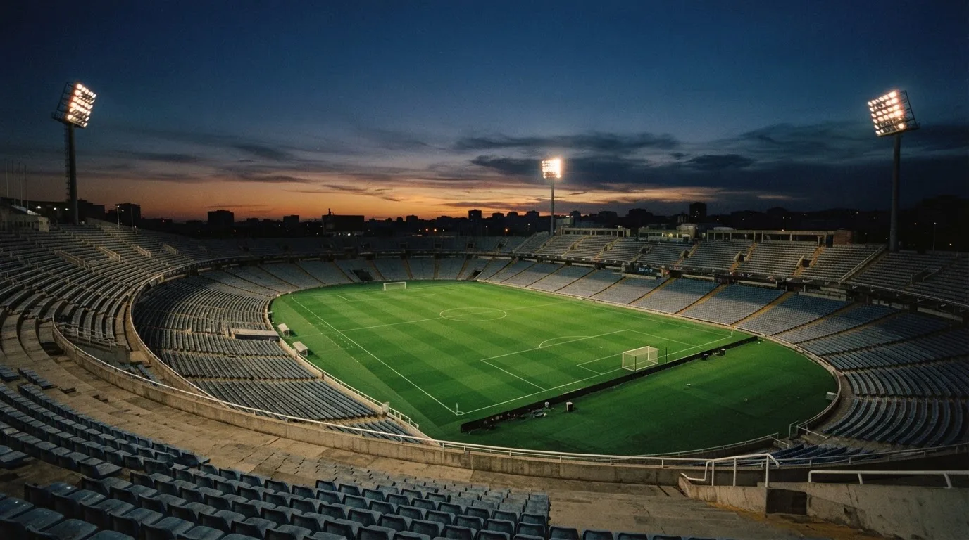 An empty football stadium with floodlight masts at dusk