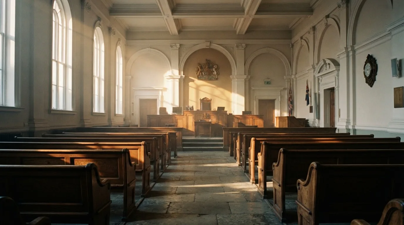 An empty courtroom with wooden benches in morning light
