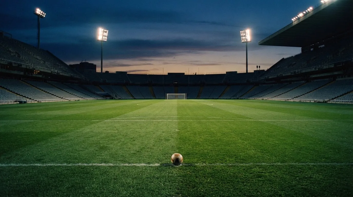 An empty football stadium with floodlight masts at dusk