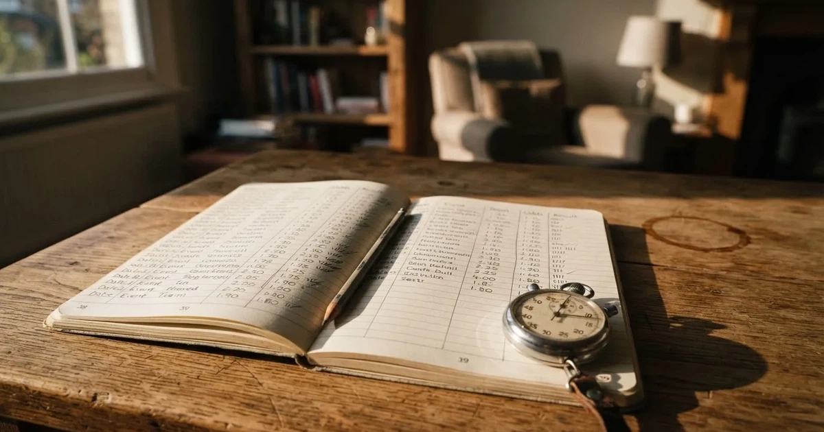 An open notebook with a pencil and a stopwatch on a wooden table