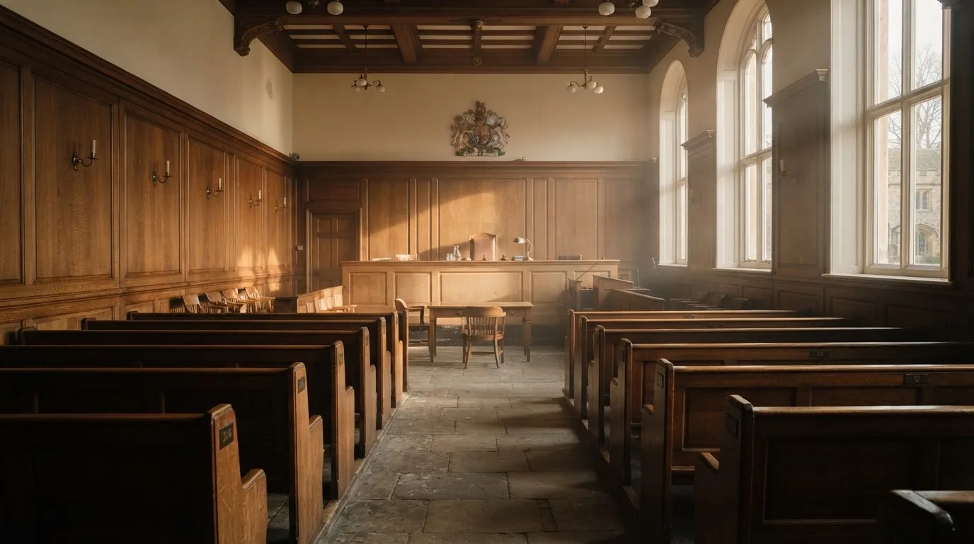 An empty courtroom with wooden benches in morning light