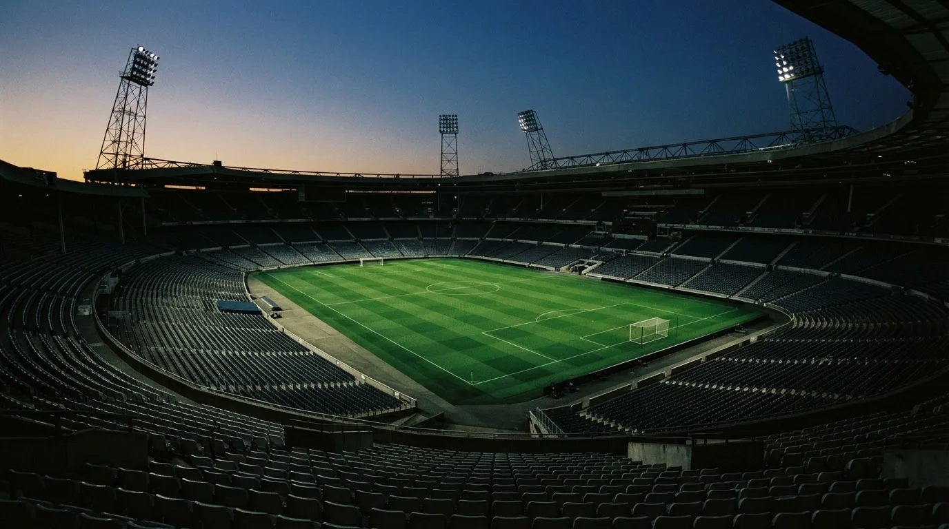 An empty football stadium with floodlight masts at dusk