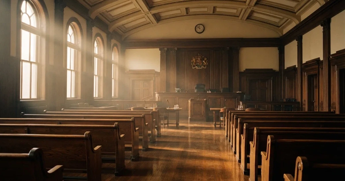 An empty courtroom with wooden benches in morning light