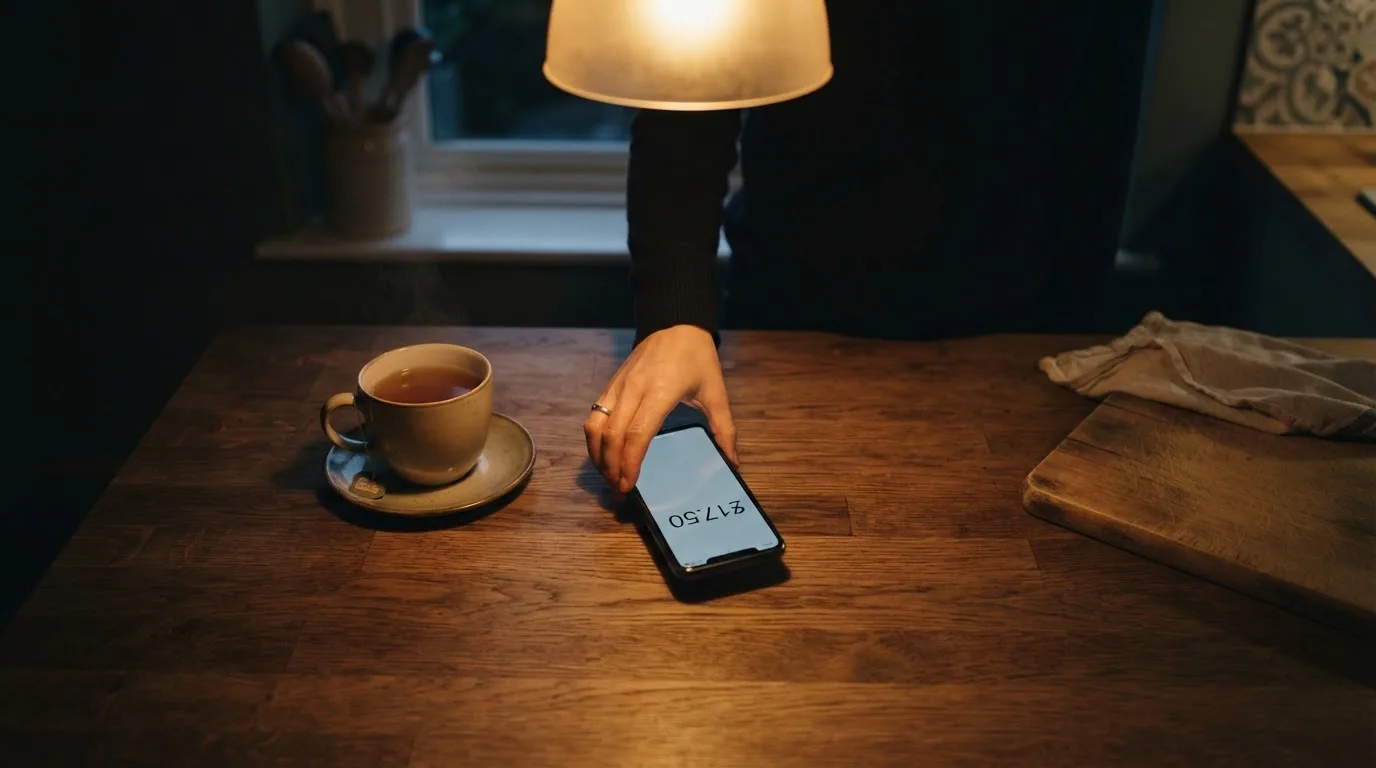 A hand setting a smartphone down beside a cup of tea on a kitchen table on a quiet evening