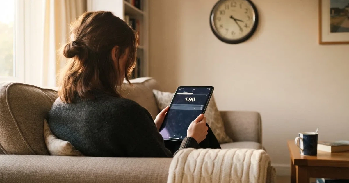 A person on a sofa looking thoughtfully at a tablet, a wall clock in the background
