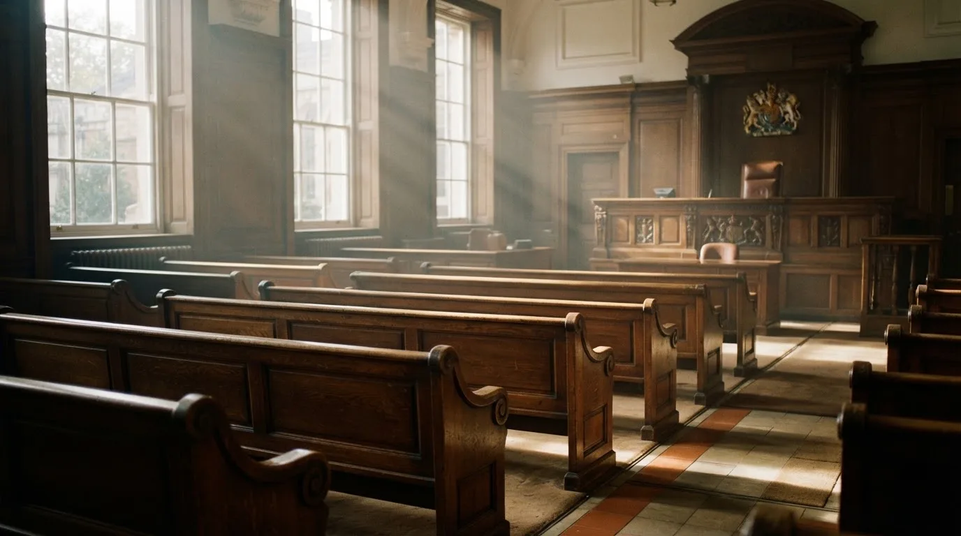 An empty courtroom with wooden benches in morning light