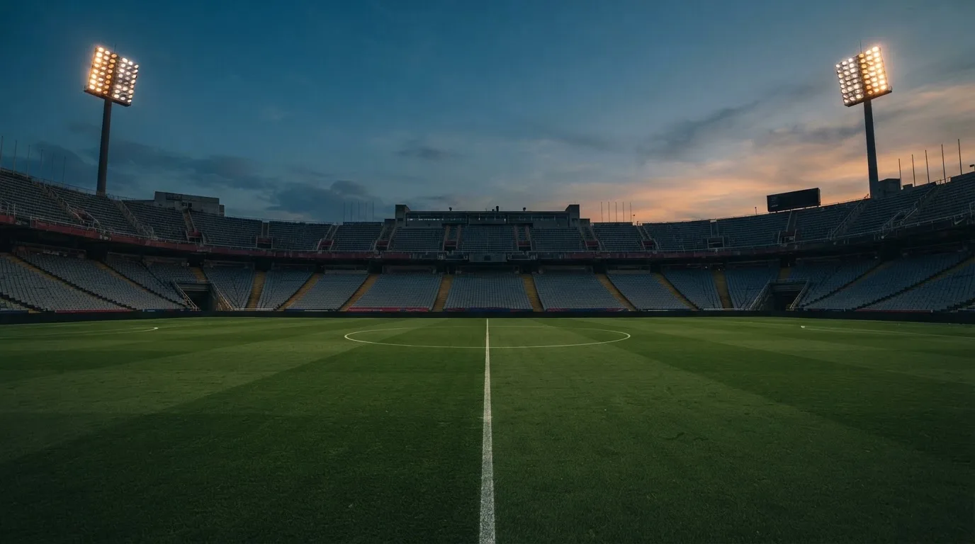 An empty football stadium with floodlight masts at dusk