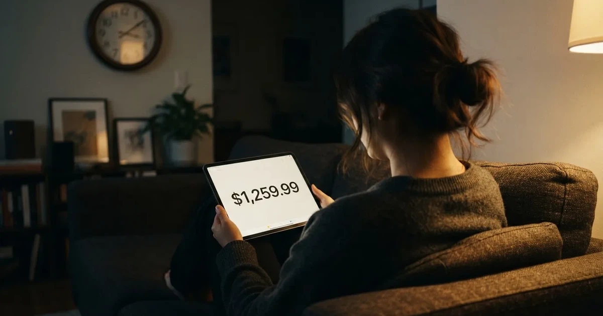 A person on a sofa looking thoughtfully at a tablet, a wall clock in the background