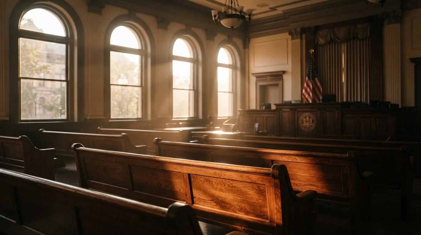 An empty courtroom with wooden benches in morning light