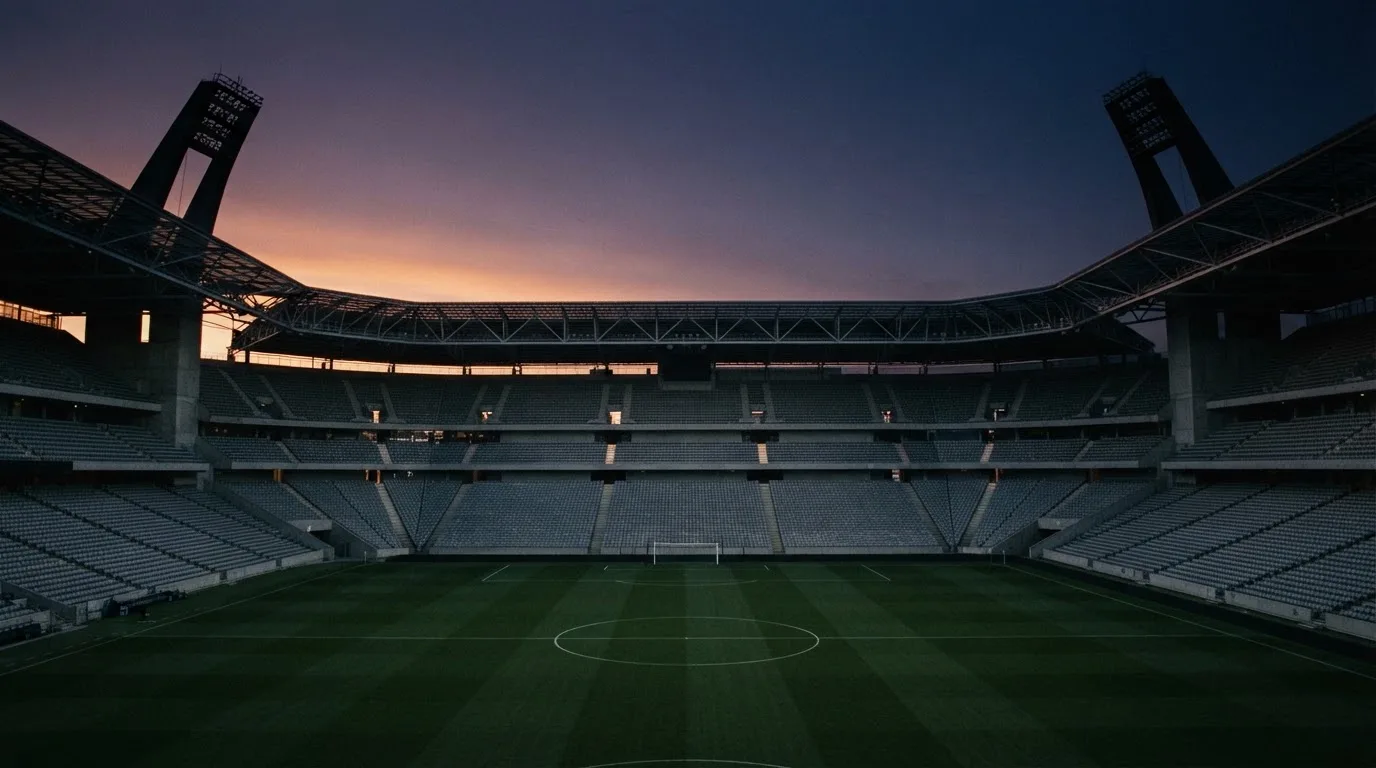 An empty football stadium with floodlight masts at dusk