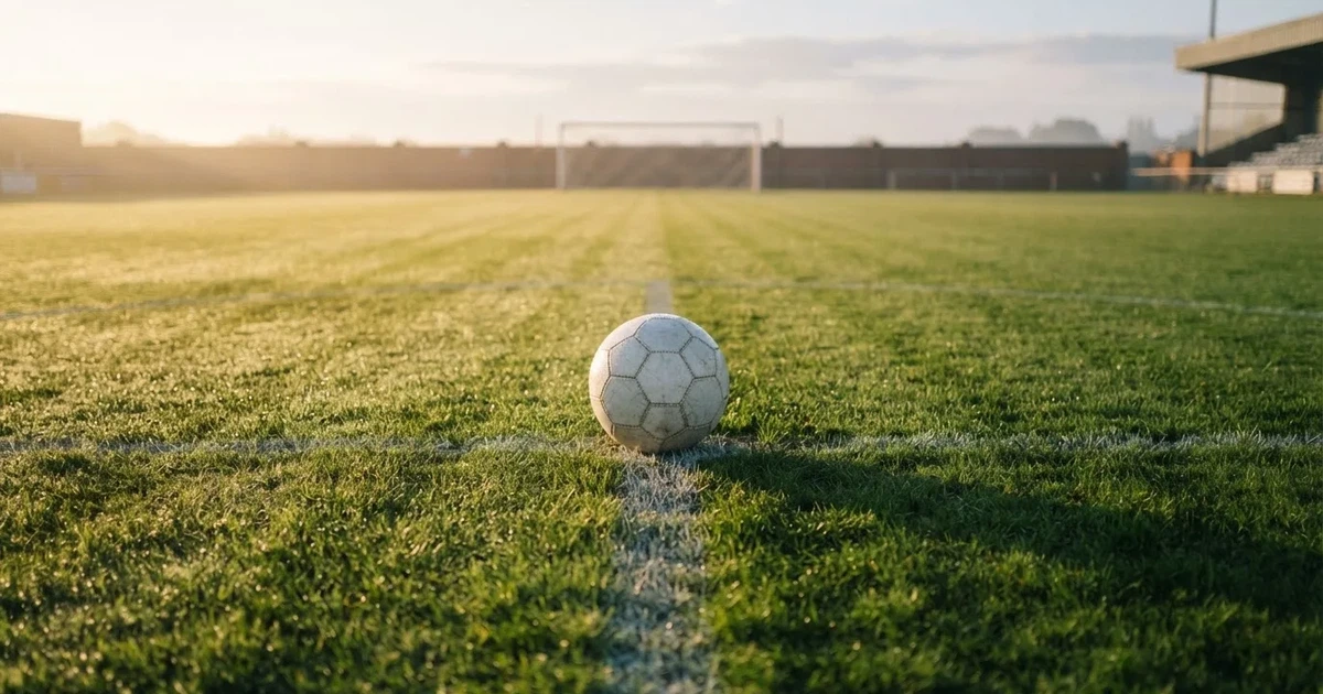 A ball on the centre spot of a grass pitch in morning light