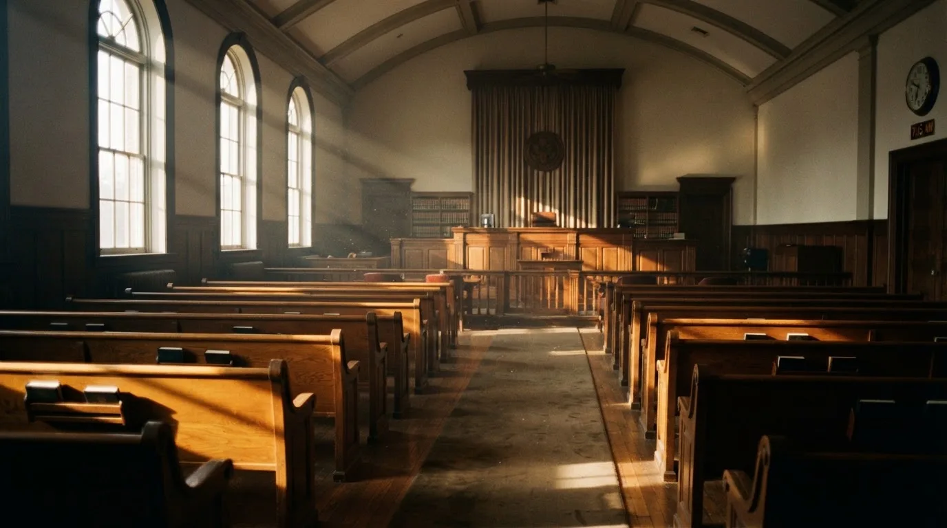 An empty courtroom with wooden benches in morning light
