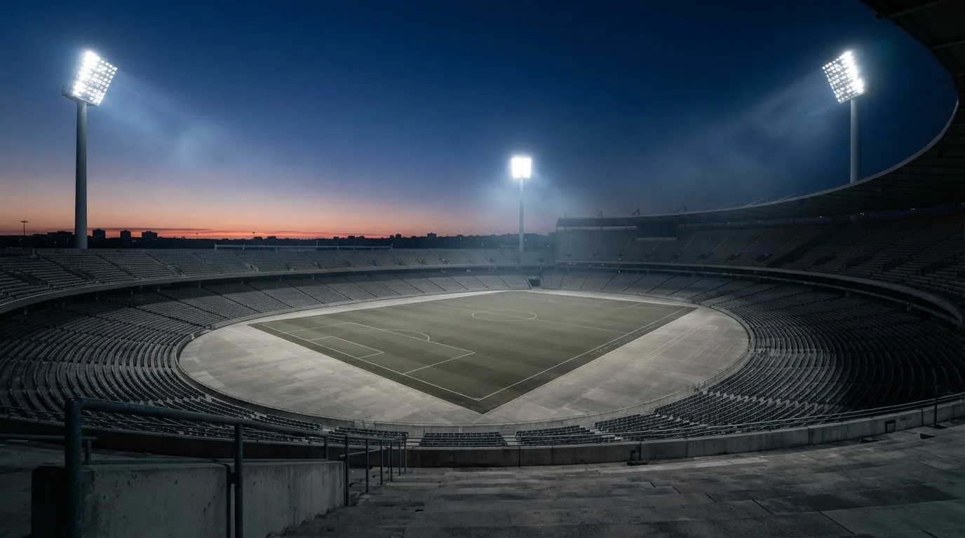 An empty football stadium with floodlight masts at dusk