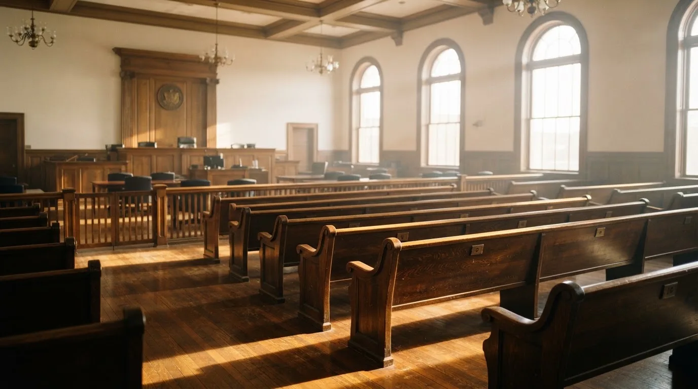 An empty courtroom with wooden benches in morning light