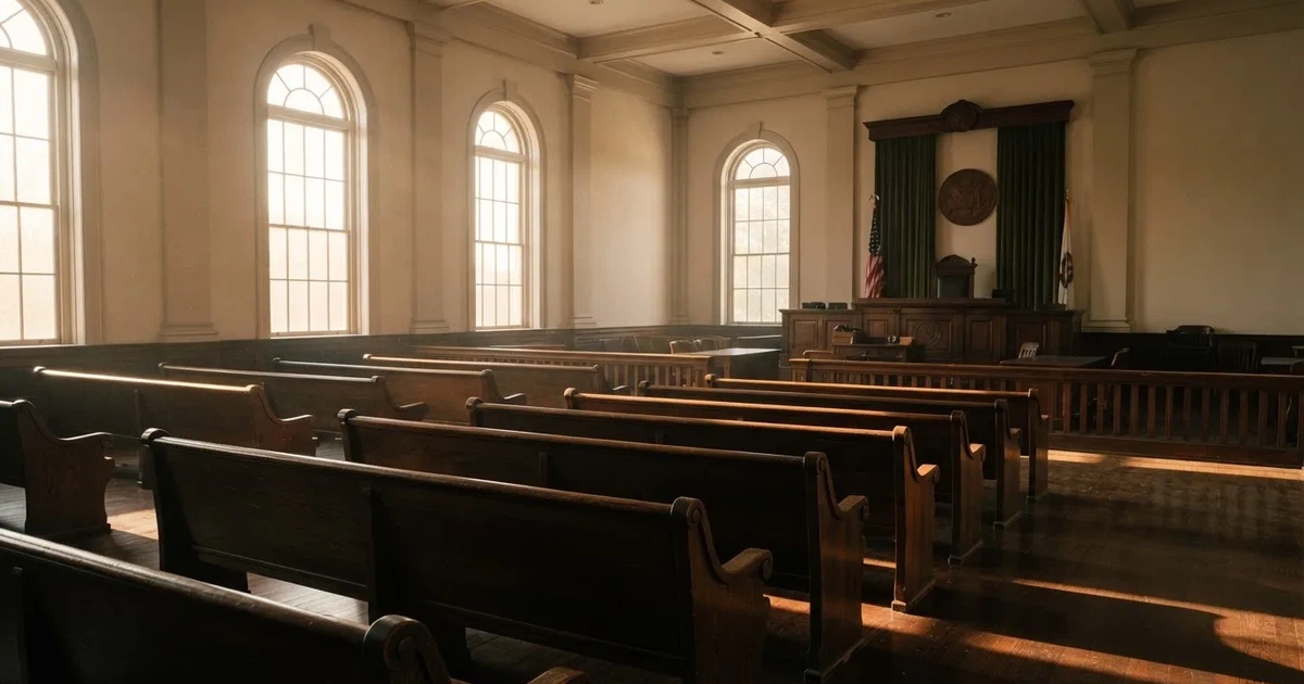 An empty courtroom with wooden benches in morning light