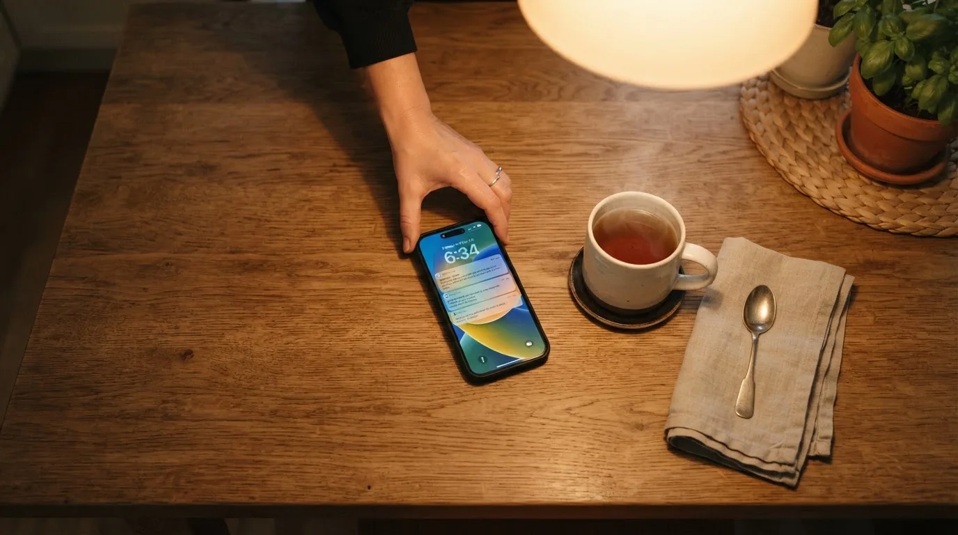 A hand setting a smartphone down beside a cup of tea on a kitchen table on a quiet evening