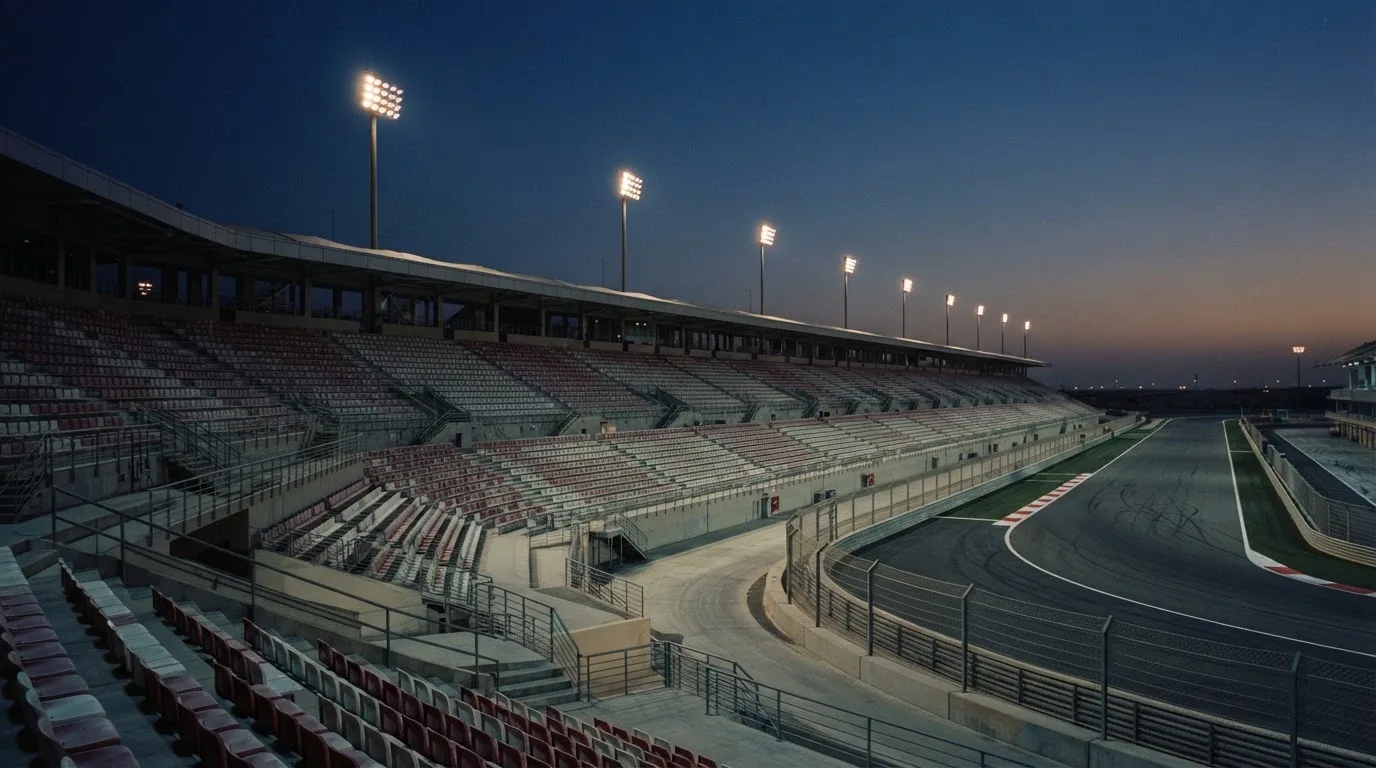 An empty football stadium with floodlight masts at dusk