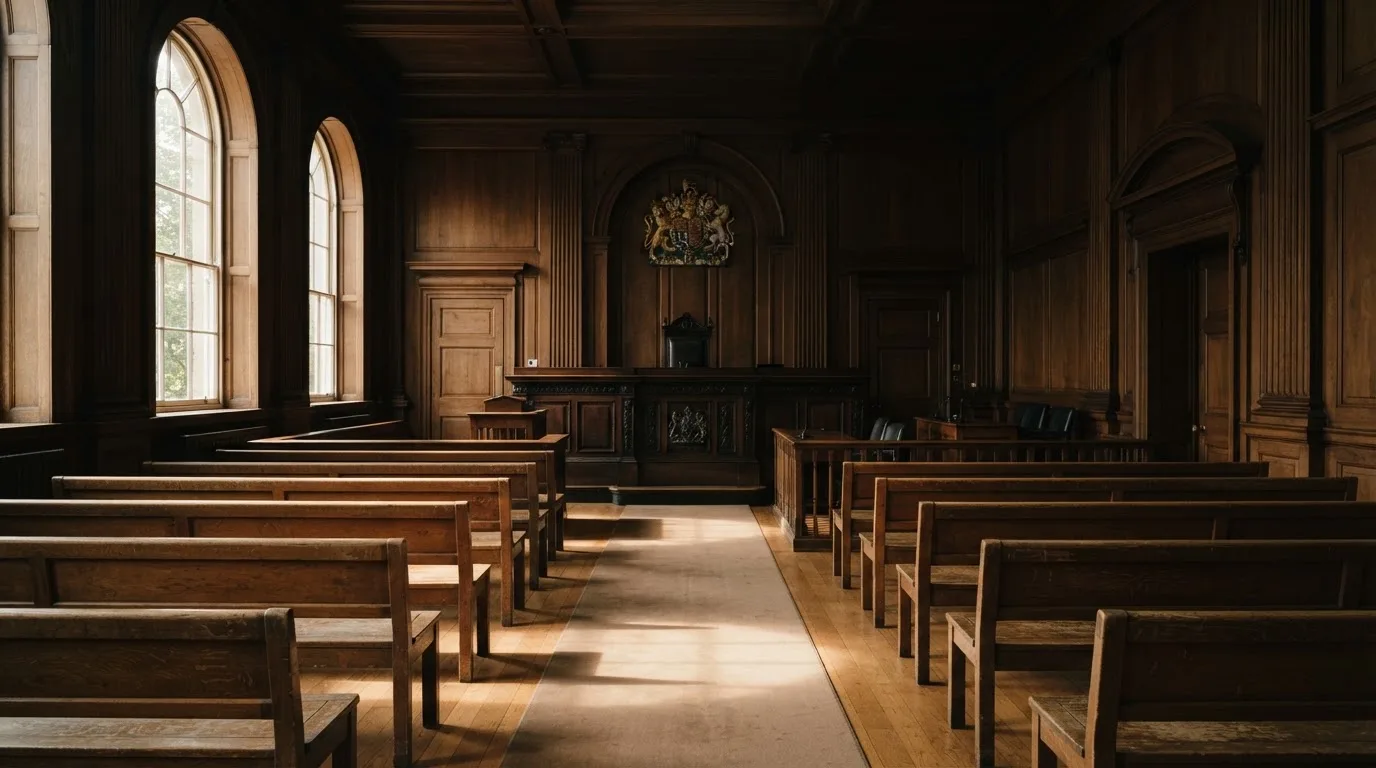 An empty courtroom with wooden benches in morning light