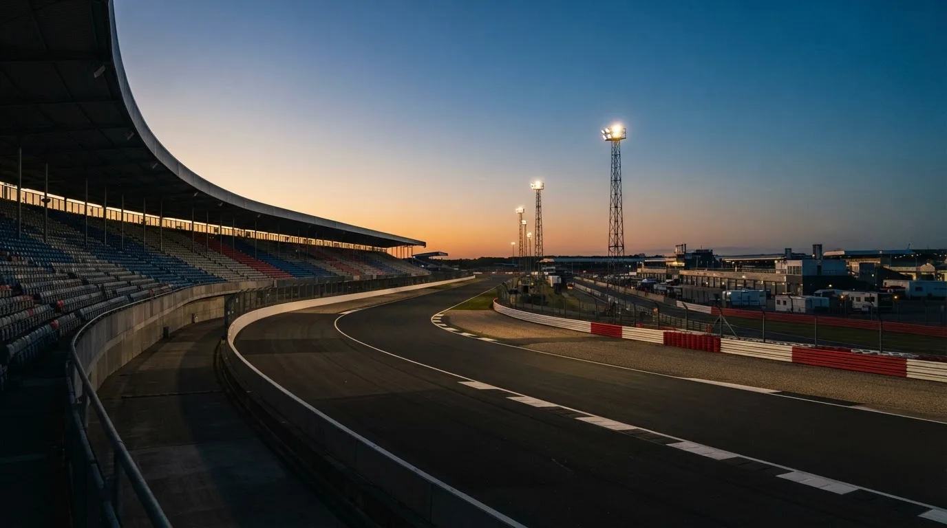 An empty football stadium with floodlight masts at dusk