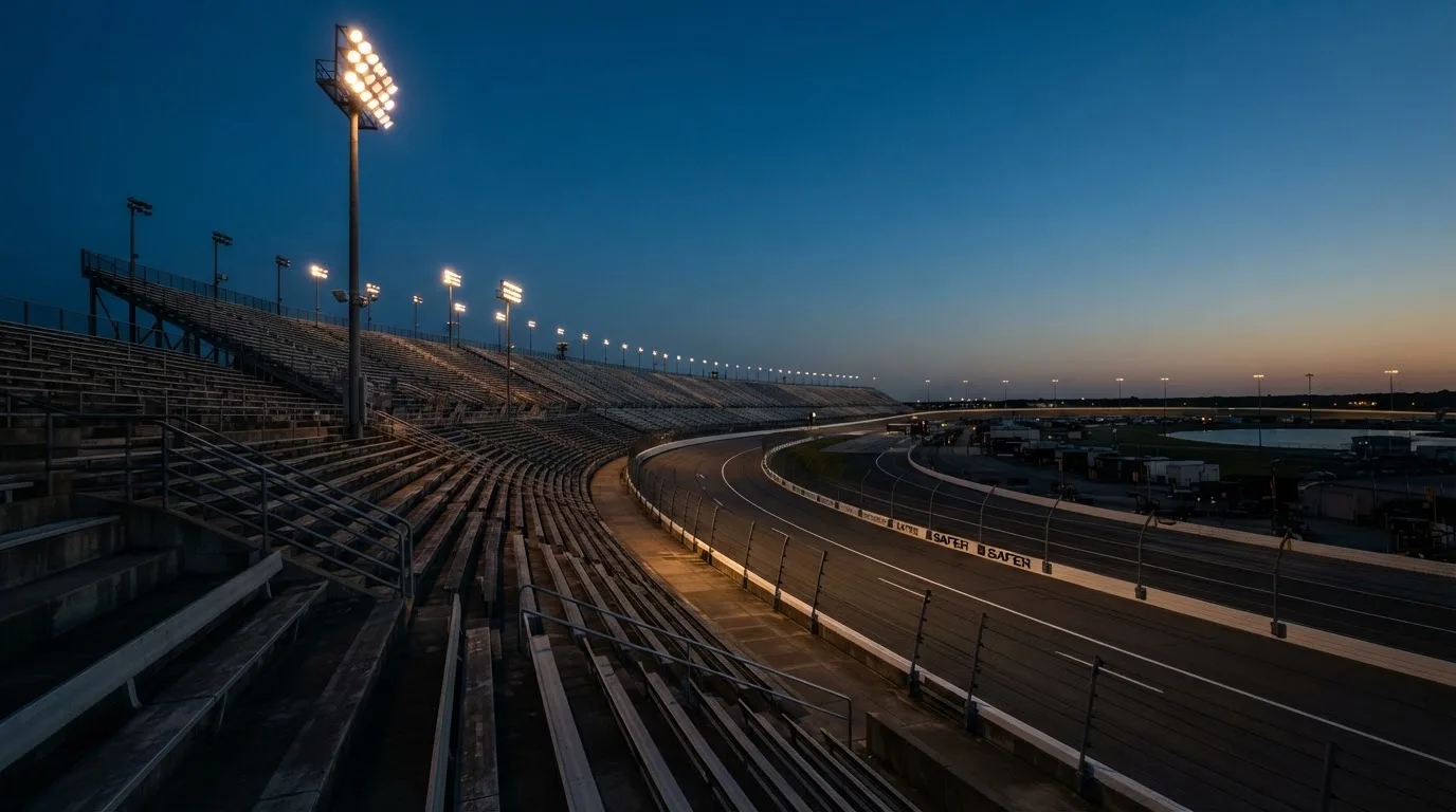 An empty football stadium with floodlight masts at dusk