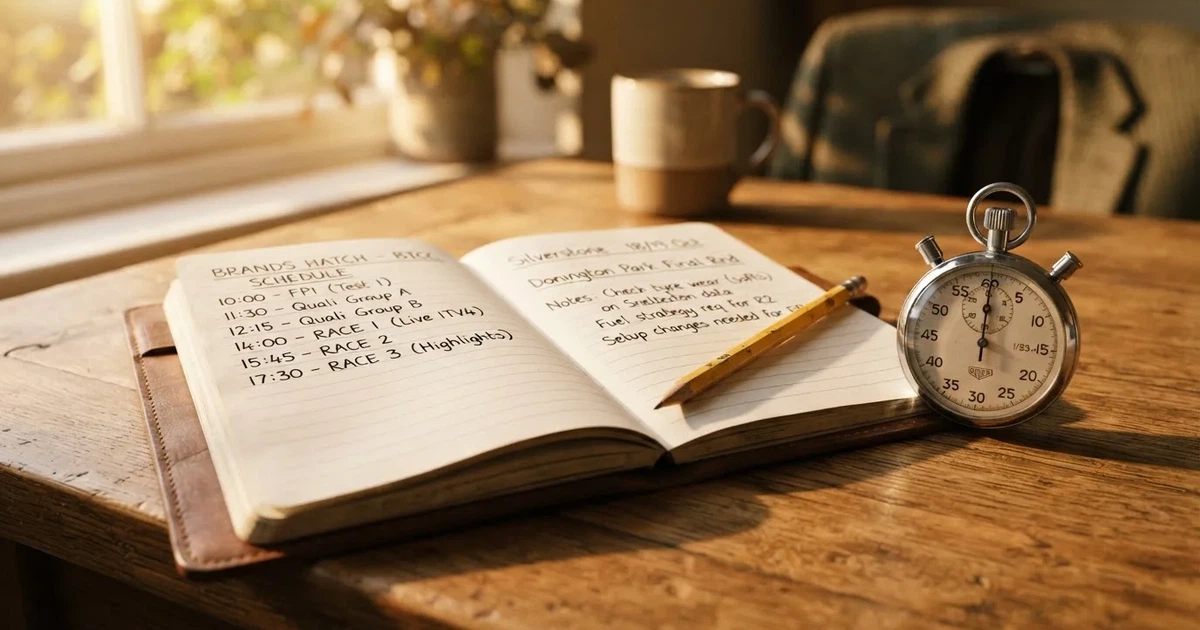 An open notebook with a pencil and a stopwatch on a wooden table