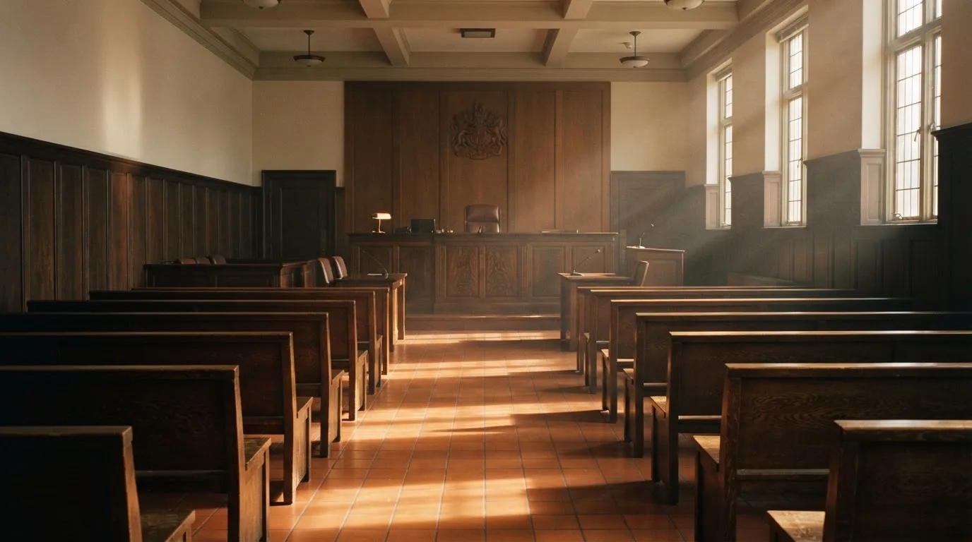 An empty courtroom with wooden benches in morning light