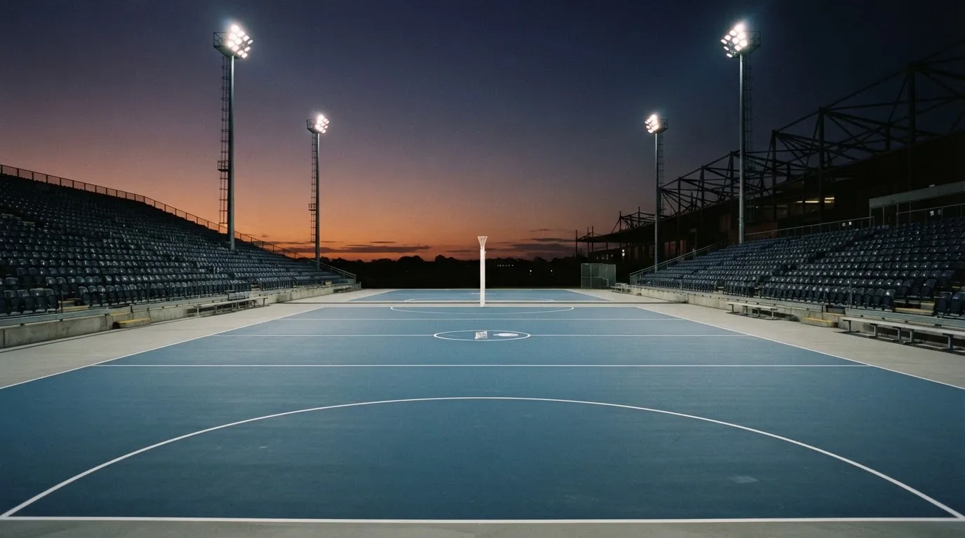 An empty football stadium with floodlight masts at dusk