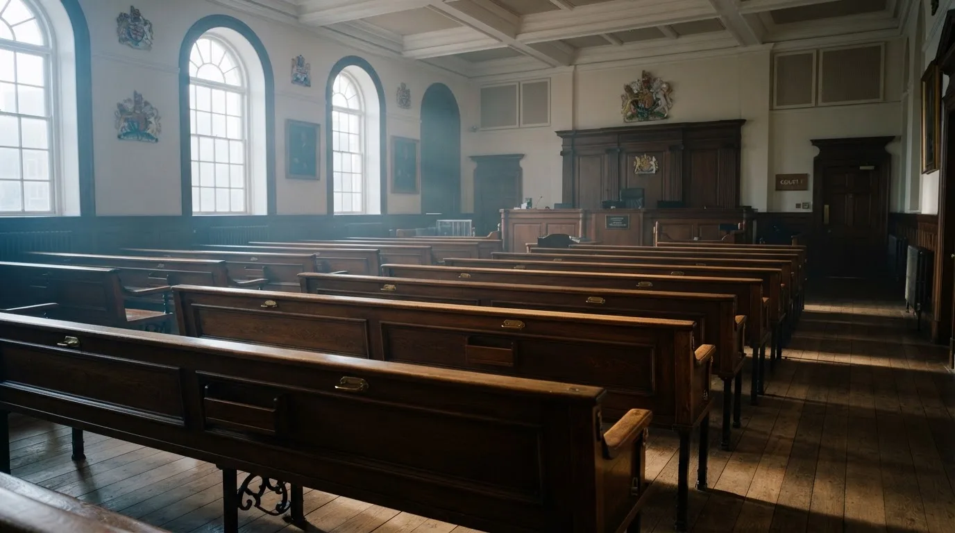 An empty courtroom with wooden benches in morning light