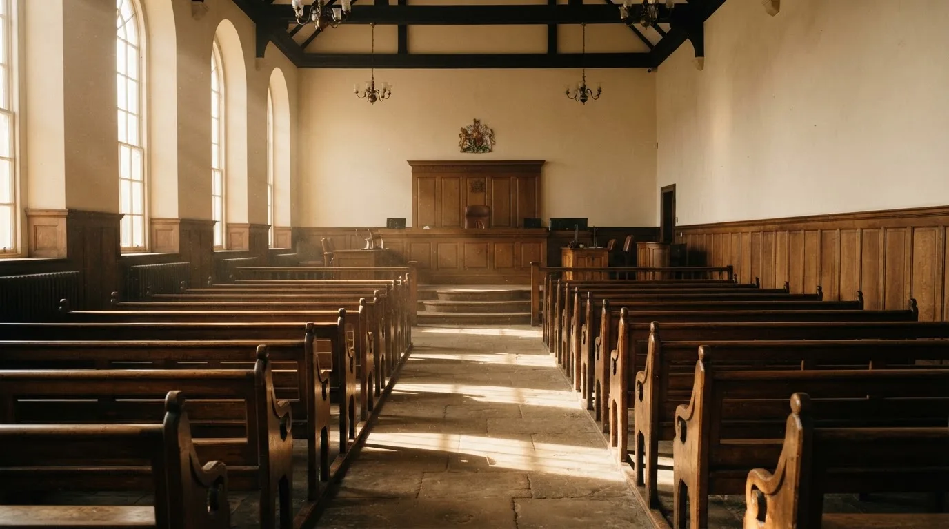 An empty courtroom with wooden benches in morning light