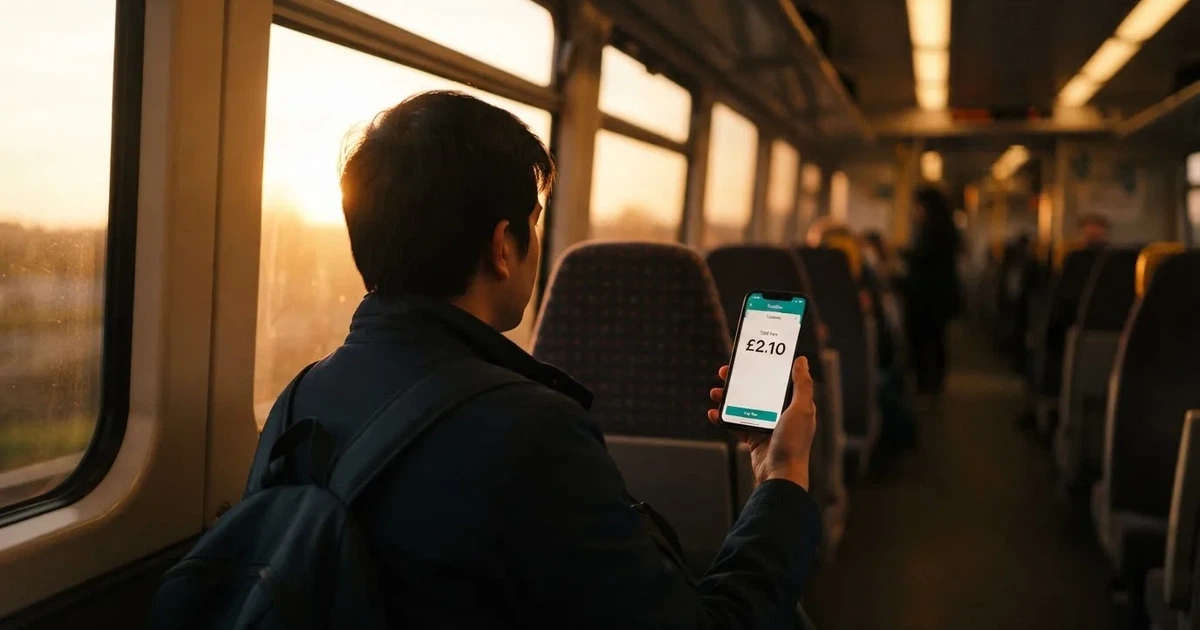 A hand holding a smartphone on a train in the evening, screen turned away