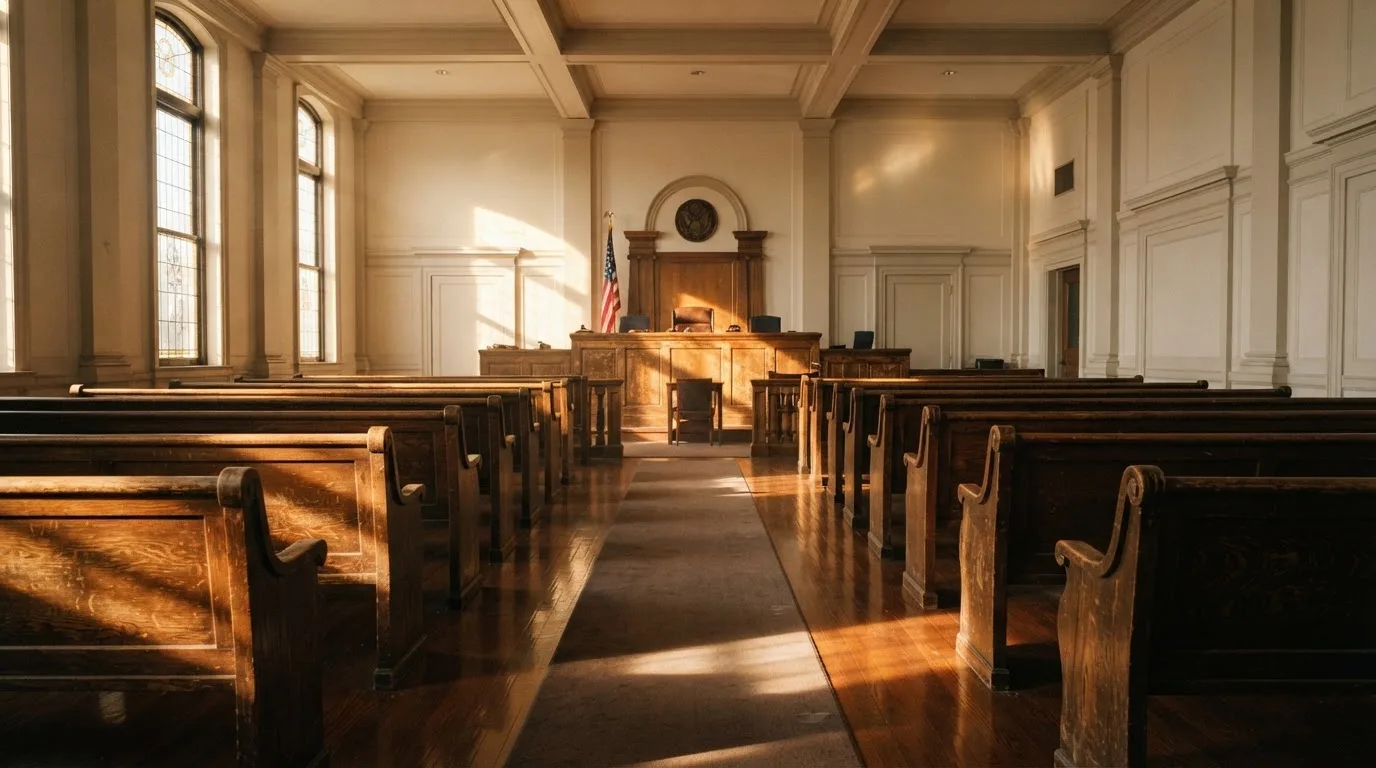 An empty courtroom with wooden benches in morning light