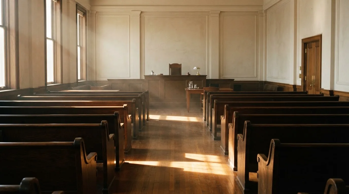 An empty courtroom with wooden benches in morning light