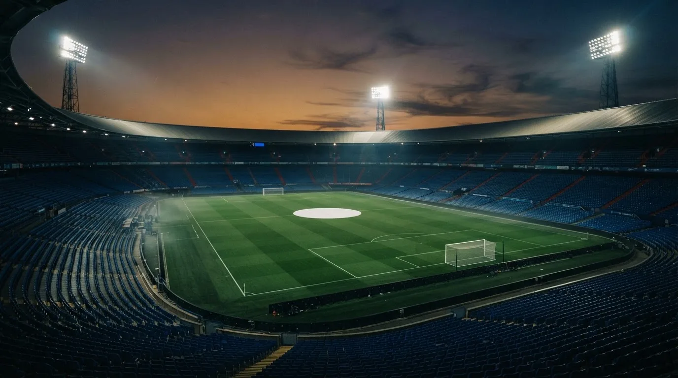 An empty football stadium with floodlight masts at dusk