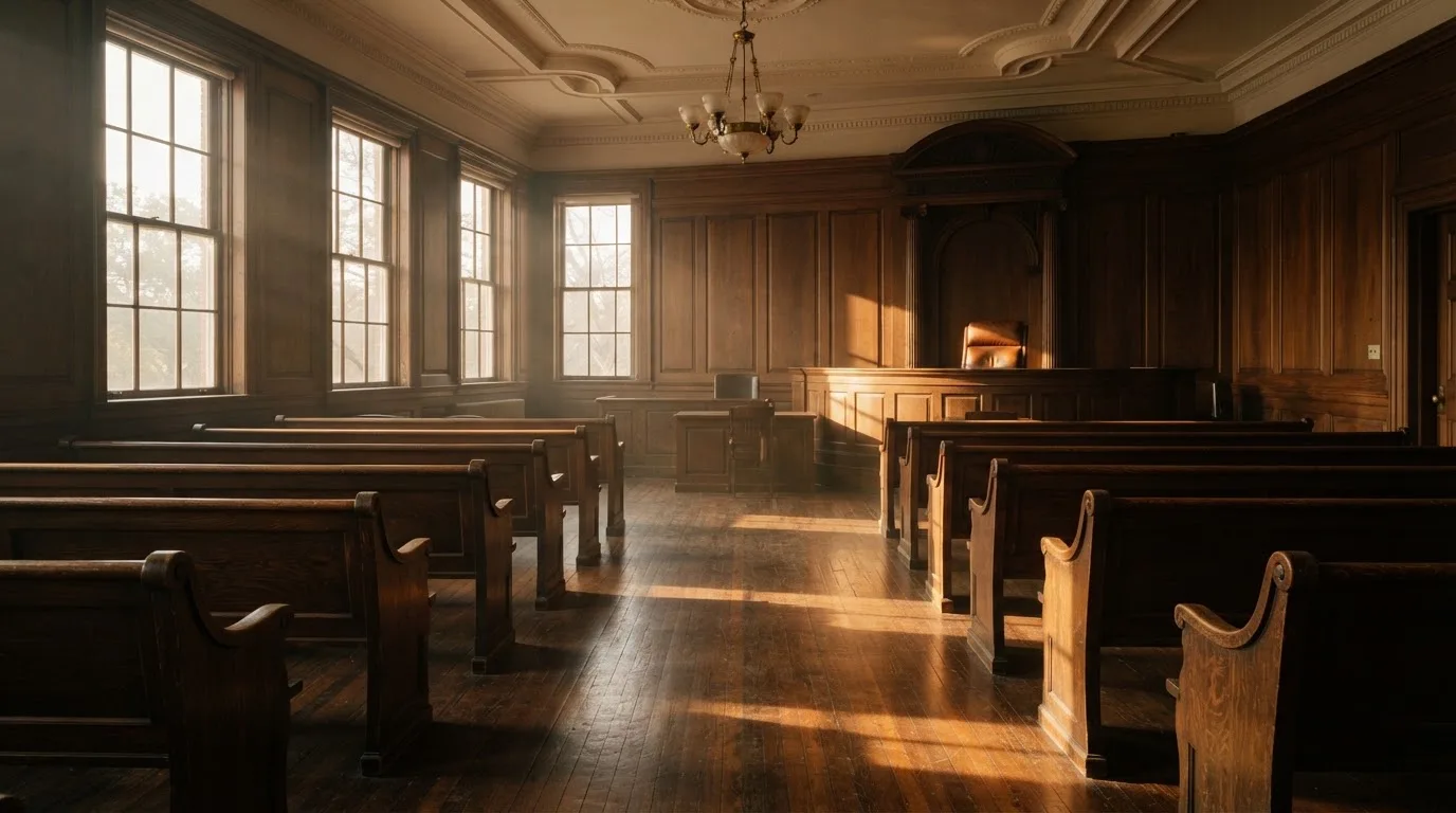 An empty courtroom with wooden benches in morning light