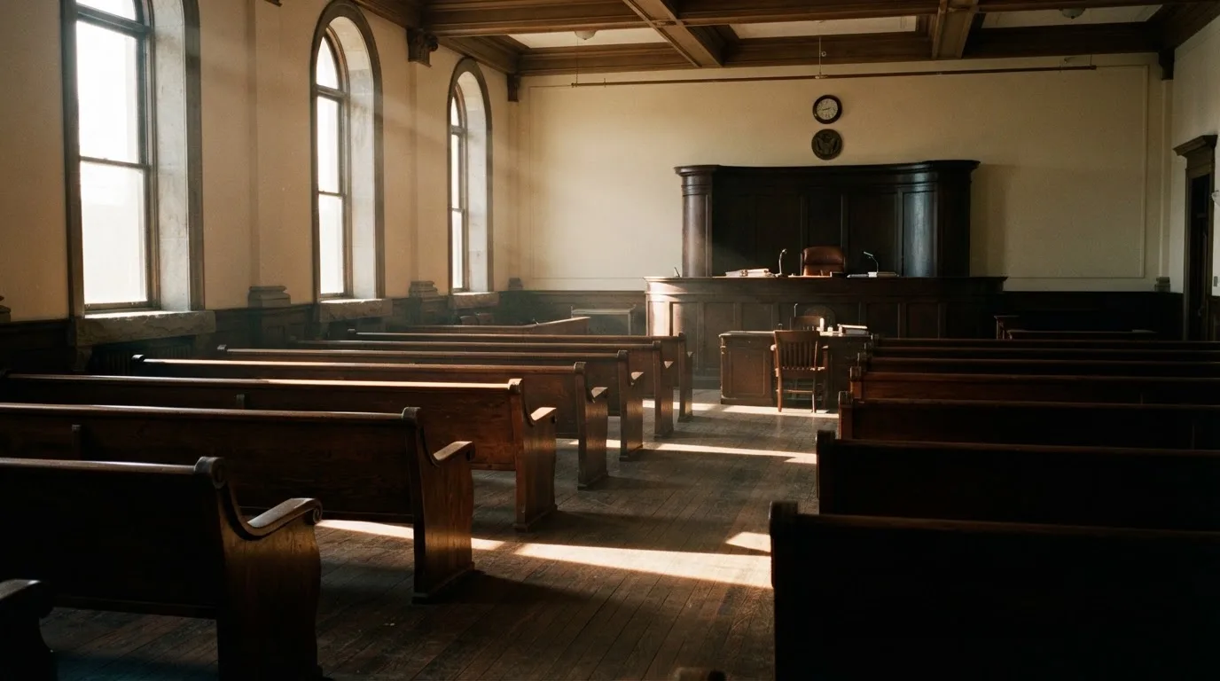 An empty courtroom with wooden benches in morning light