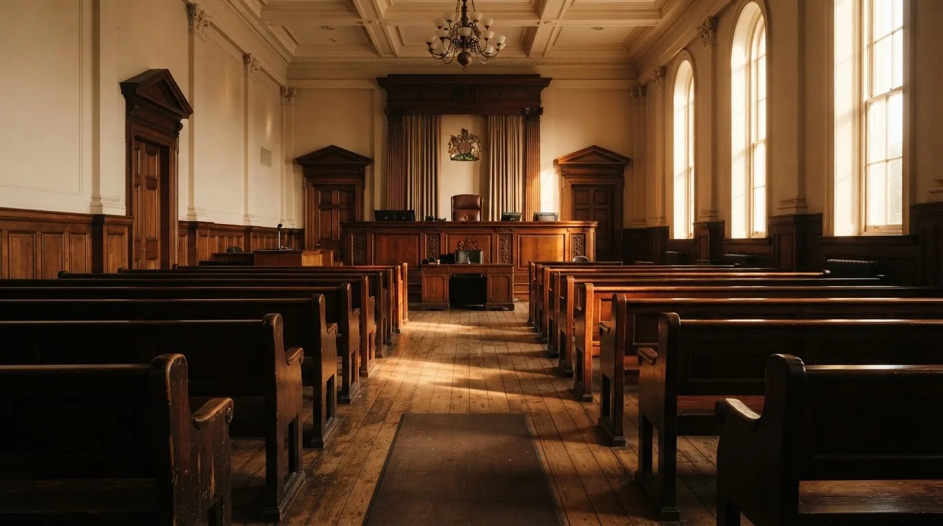 An empty courtroom with wooden benches in morning light