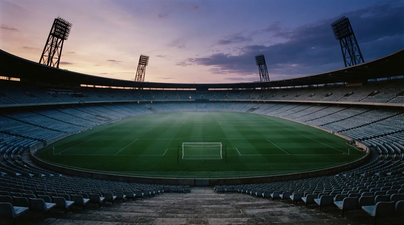An empty football stadium with floodlight masts at dusk