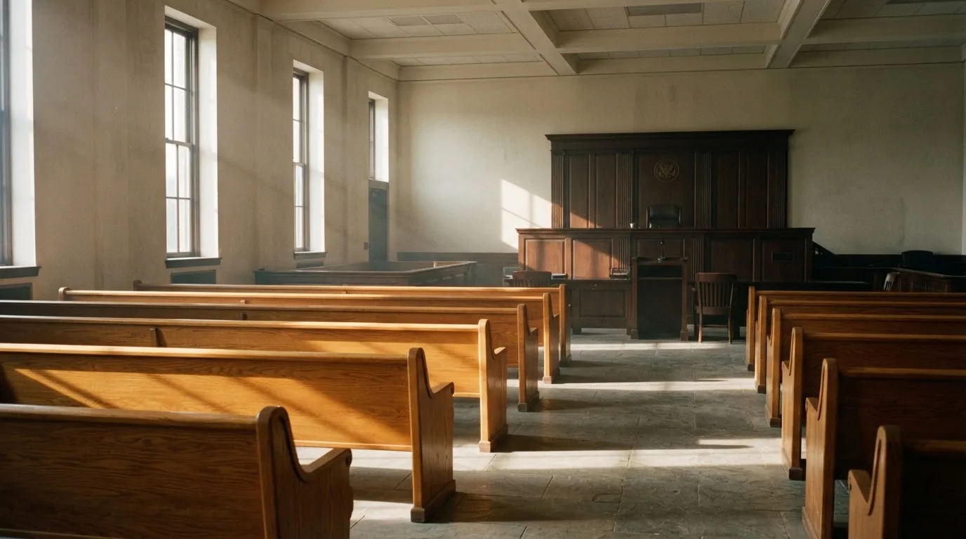 An empty courtroom with wooden benches in morning light