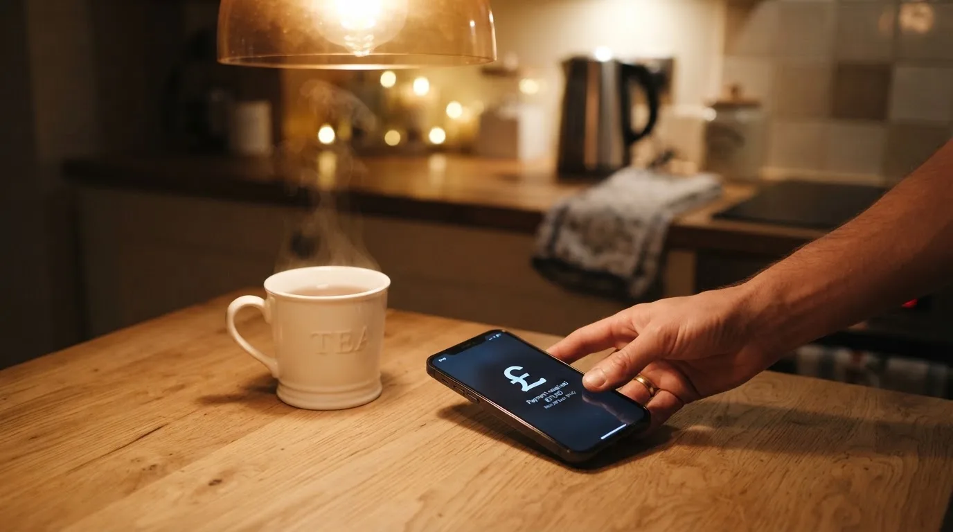 A hand setting a smartphone down beside a cup of tea on a kitchen table on a quiet evening