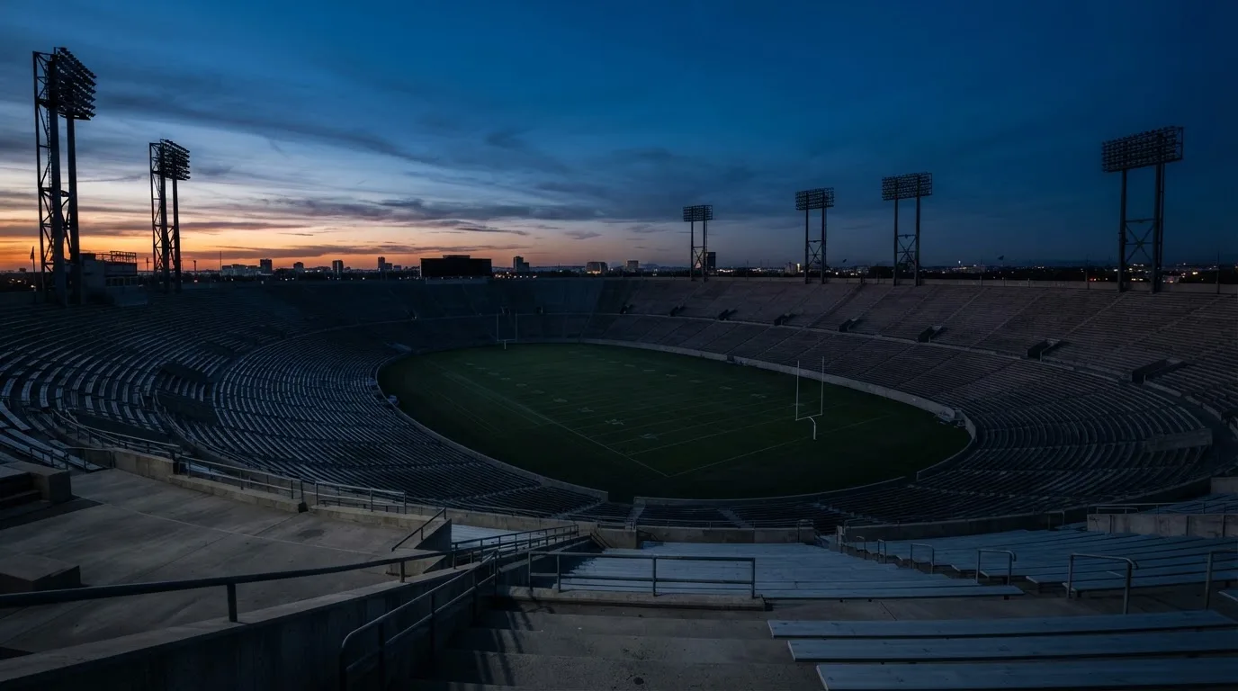 An empty football stadium with floodlight masts at dusk