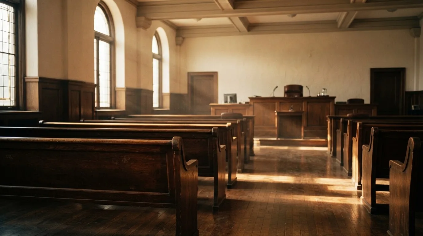 An empty courtroom with wooden benches in morning light