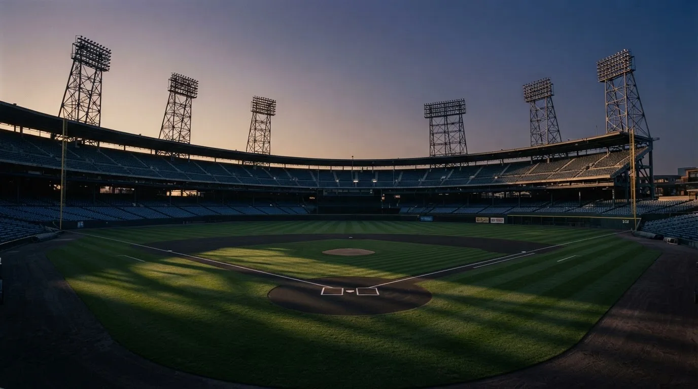 An empty football stadium with floodlight masts at dusk
