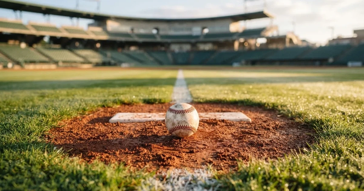 A ball on the centre spot of a grass pitch in morning light