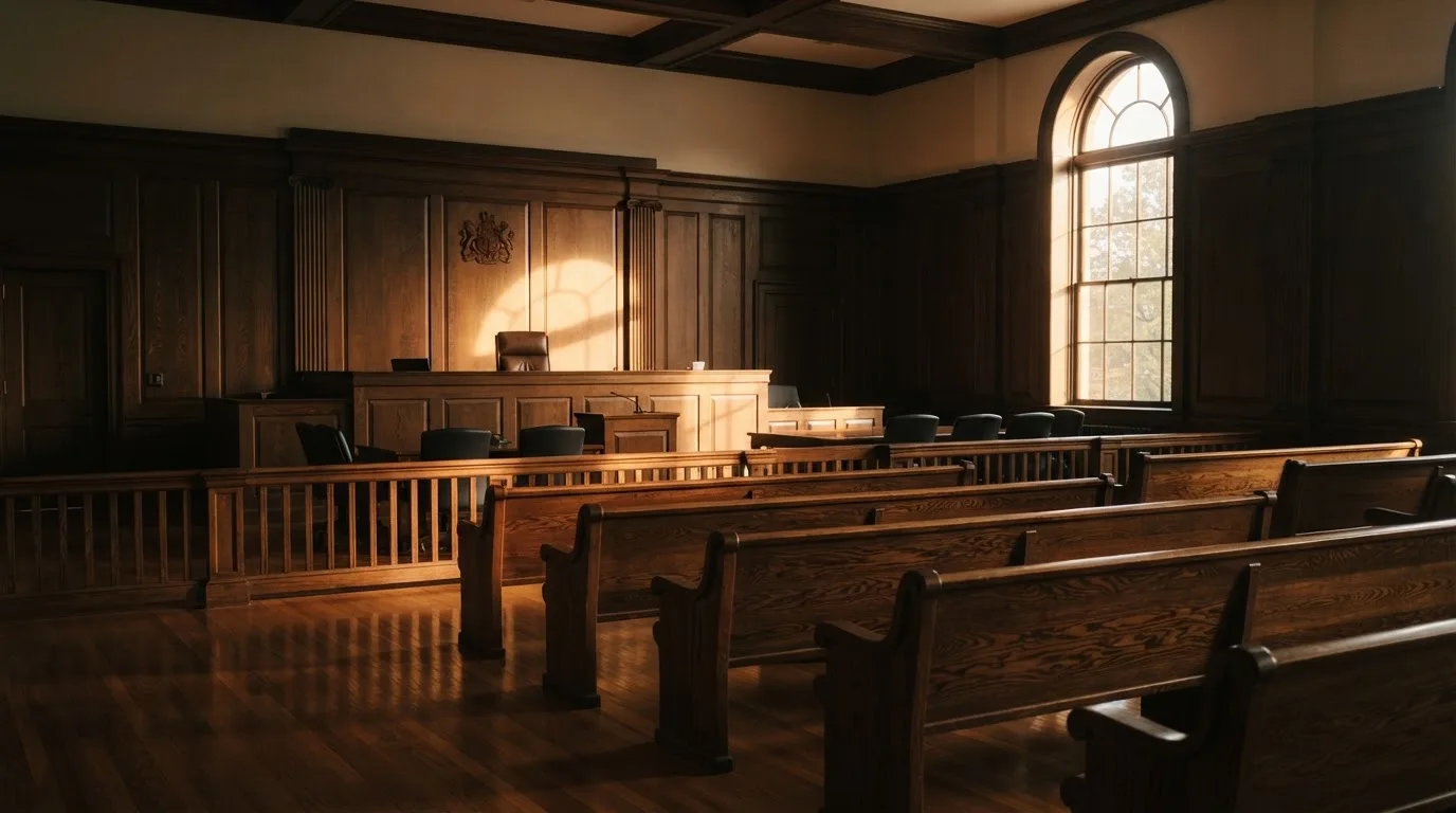 An empty courtroom with wooden benches in morning light