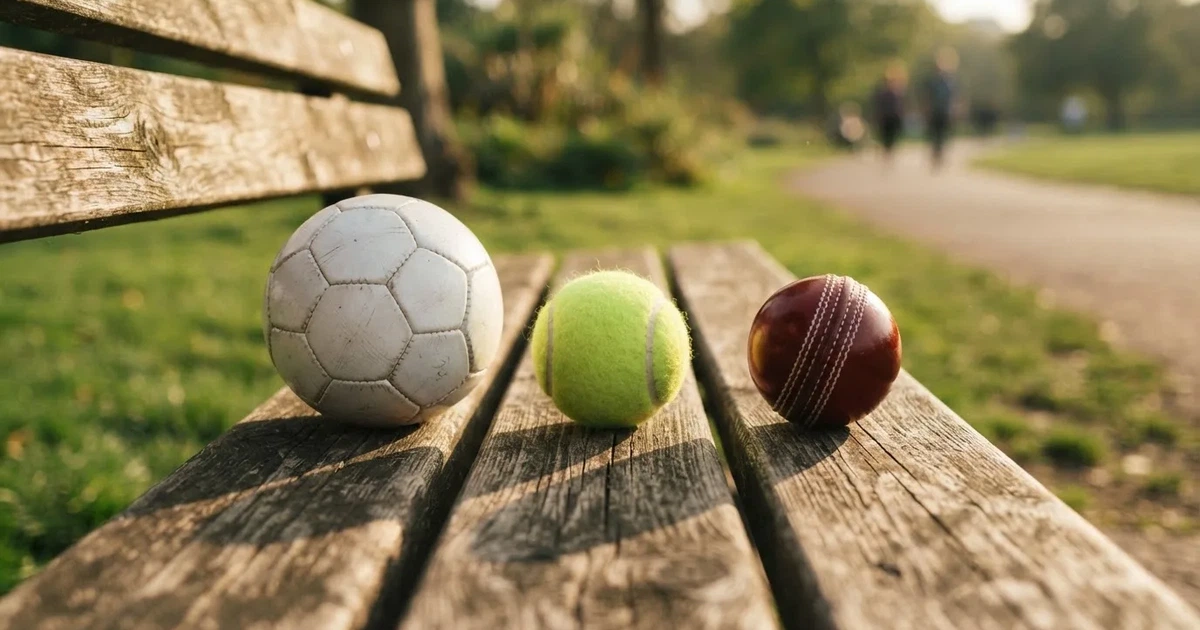 Three balls of different kinds side by side on a wooden bench