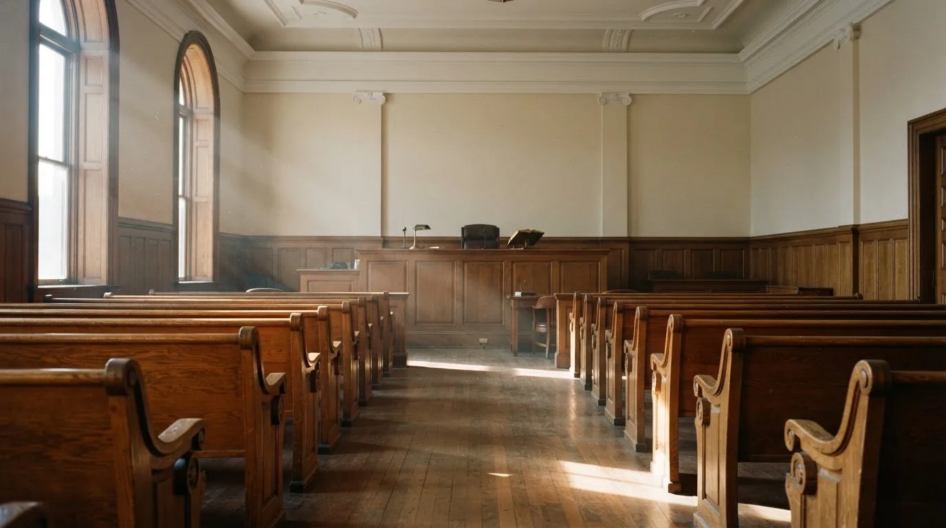 An empty courtroom with wooden benches in morning light