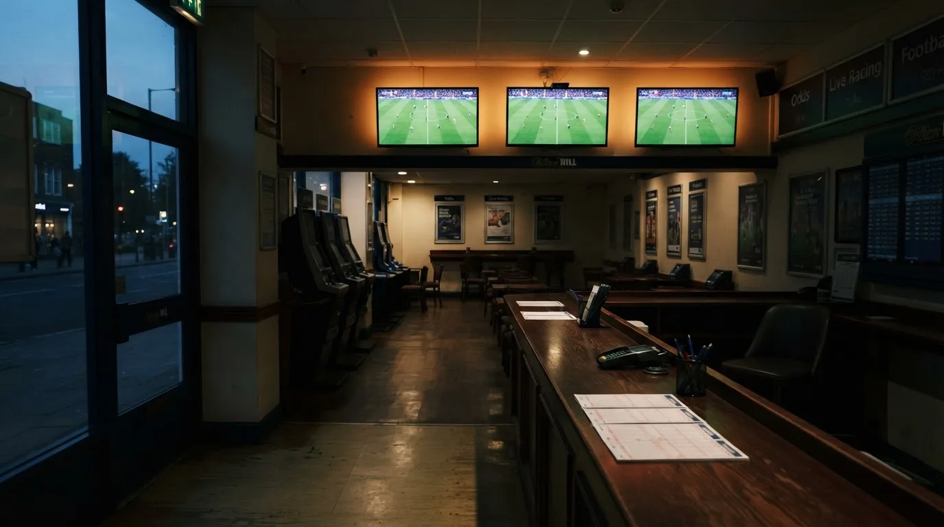 An empty football stadium with floodlight masts at dusk