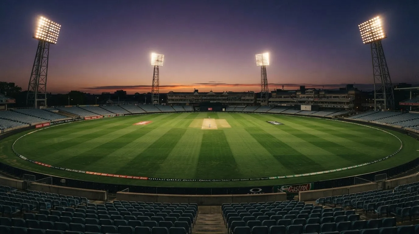 An empty football stadium with floodlight masts at dusk