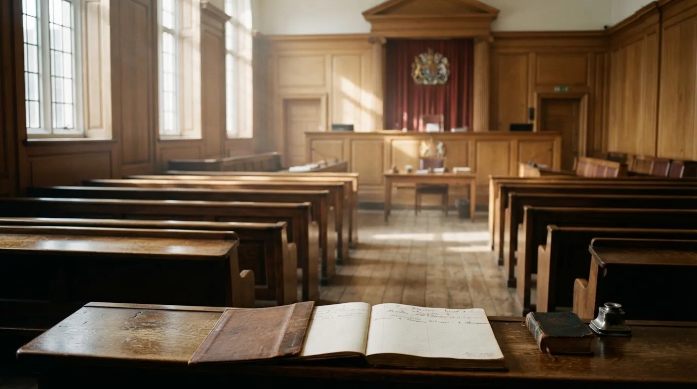 An empty courtroom with wooden benches in morning light